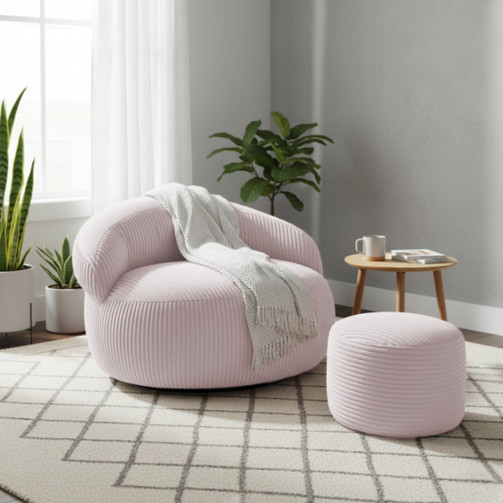 Pouf XXL déhoussable en velours côtelé, forme arrondie, dans un salon