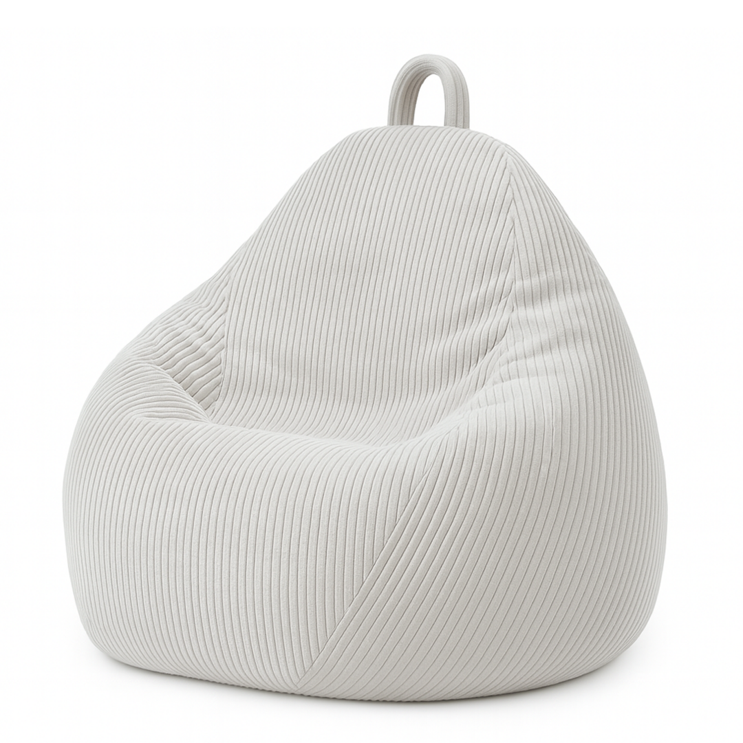 Pouf poire déhoussable en velours côtelé gris, forme poire rembourrée avec poignée