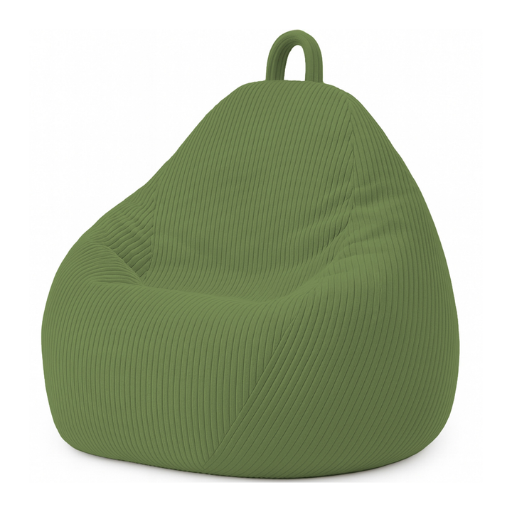 Pouf poire déhoussable en velours côtelé vert, forme poire rembourrée avec poignée