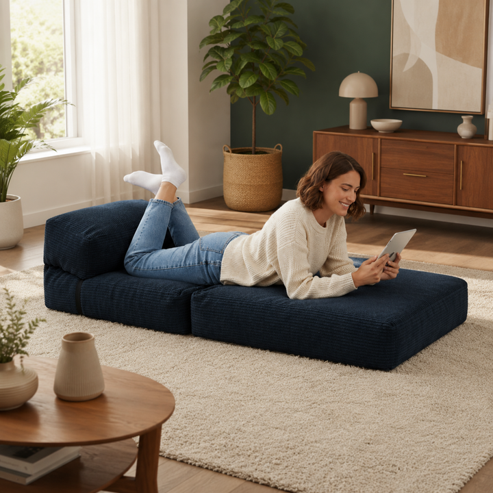 Femme sur une chauffeuse 1 place bleu foncé côtelé, position allongée avec coussin d’appui.