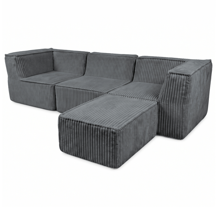 Canapé modulable 3 places déhoussable en velours côtelé gris foncé avec méridienne intégrés