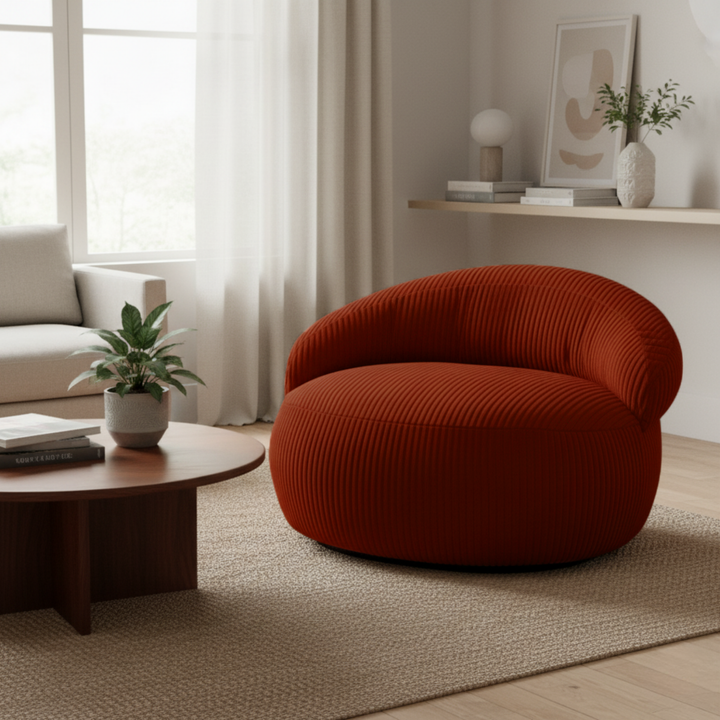 Pouf XXL déhoussable en velours côtelé, forme arrondie, dans un salon