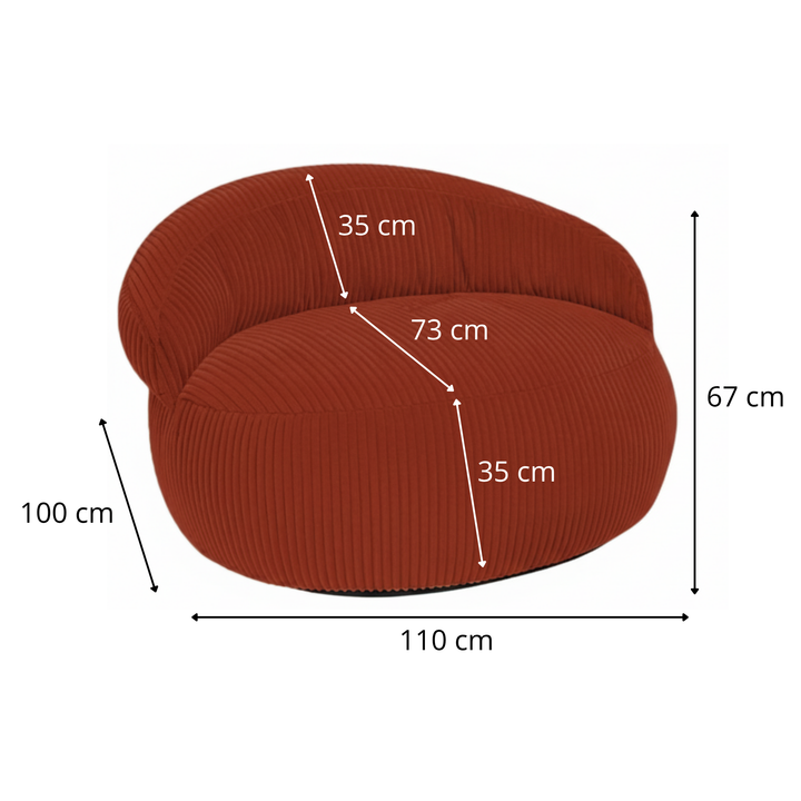 Pouf XXL déhoussable en velours côtelé rouge brique, schéma dimensions 110×100 cm.
