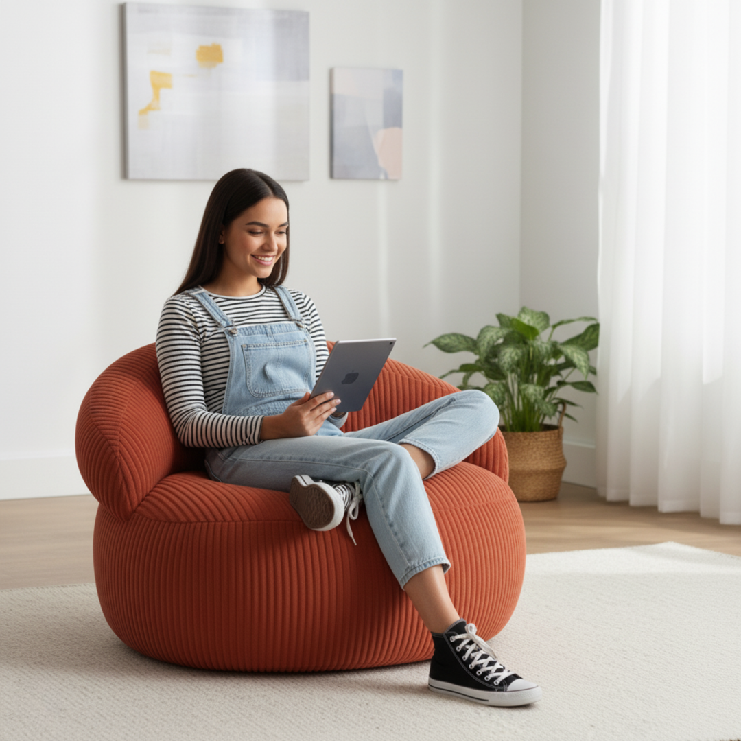 Personne assise sur un pouf XXL en velours côtelé, dans un salon