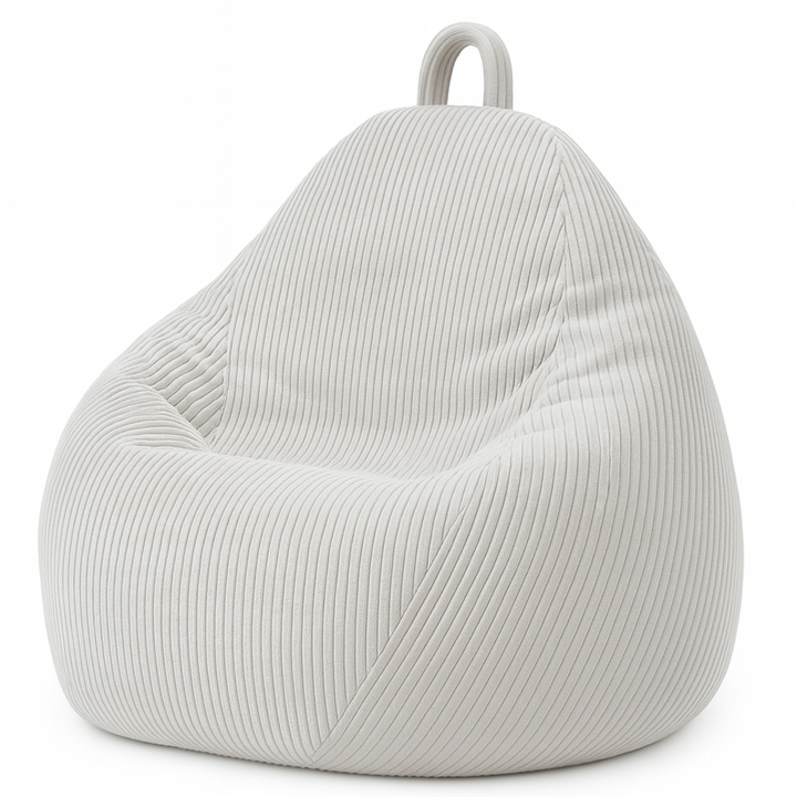 Pouf poire déhoussable en velours côtelé gris clair, forme poire rembourrée avec poignée