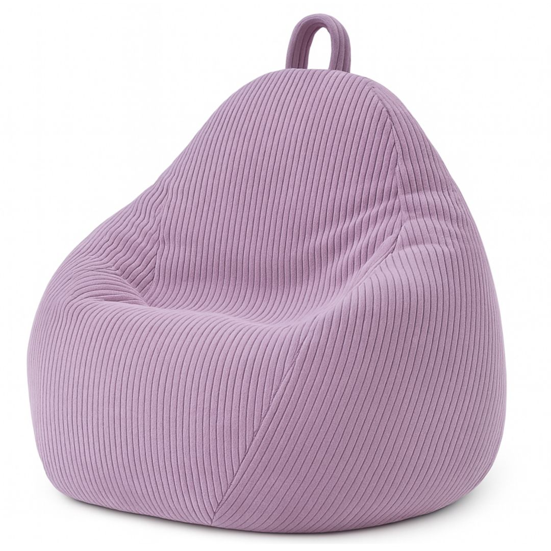 Pouf poire déhoussable en velours côtelé violet, forme poire rembourrée avec poignée