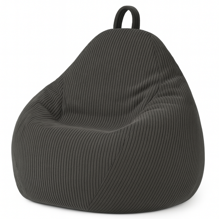 Pouf poire déhoussable en velours côtelé gris, forme poire rembourrée avec poignée