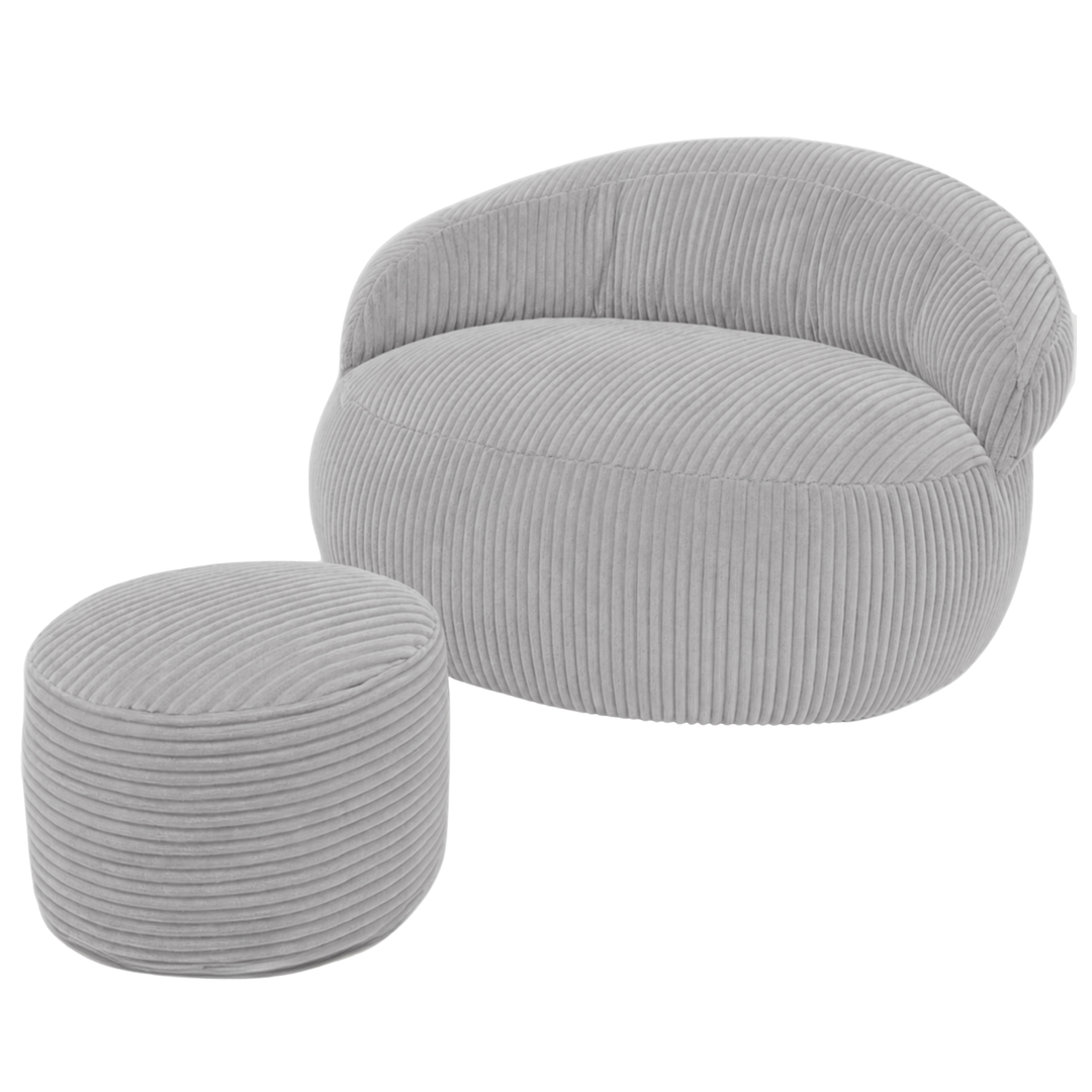 Pouf XXL velours côtelé gris clair avec repose-pieds, forme ronde.