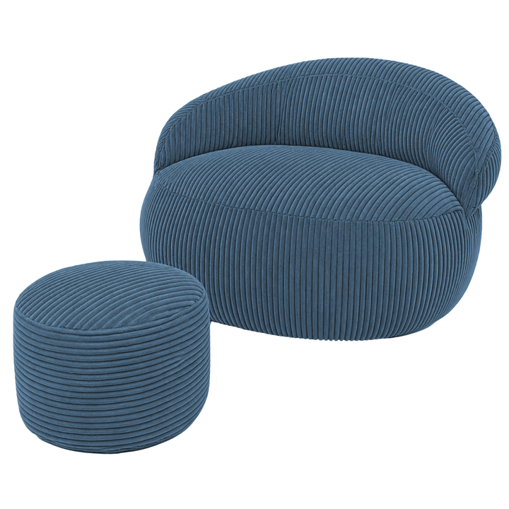 Pouf XXL velours côtelé bleu foncé avec repose-pieds, forme ronde.