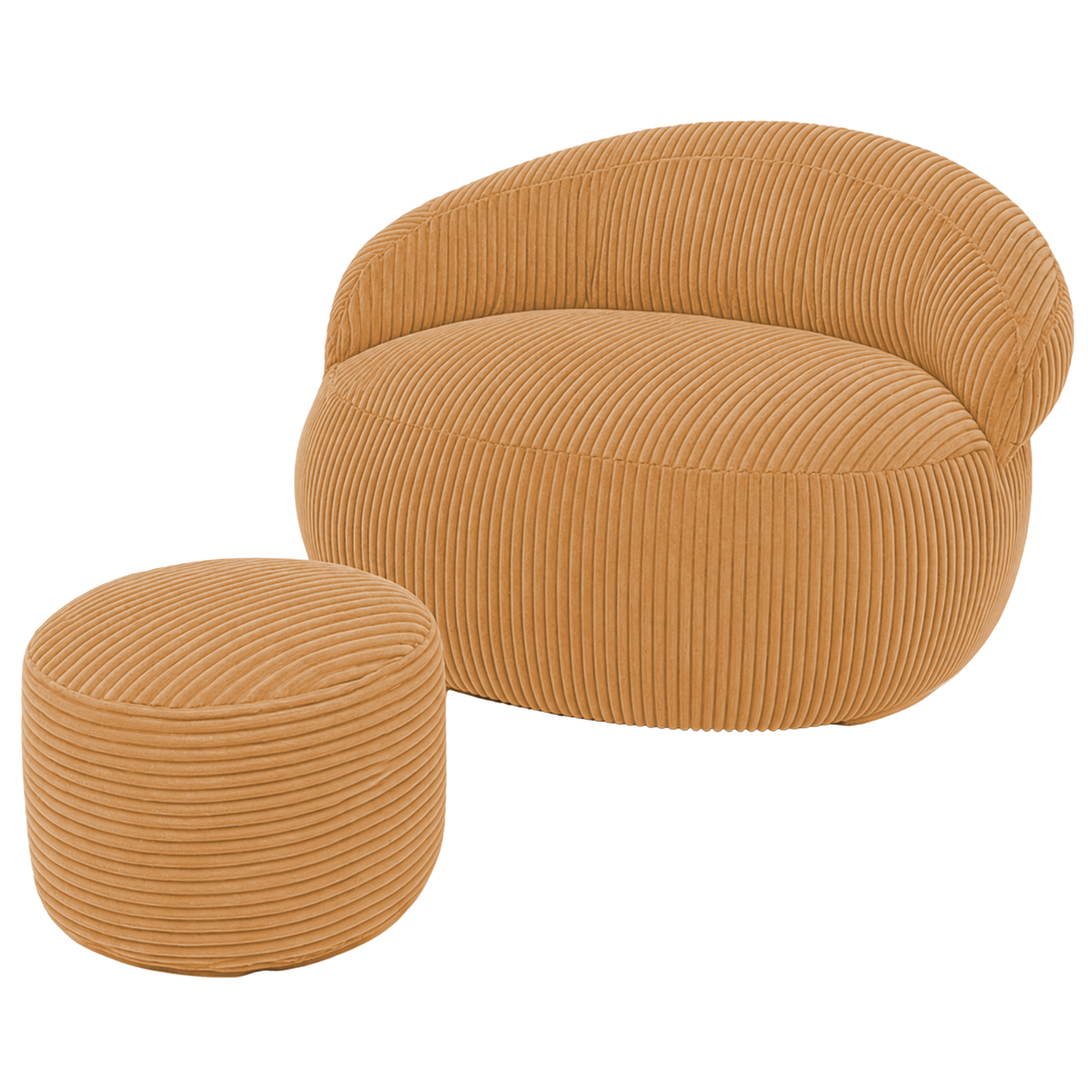 Pouf XXL en velours côtelé jaune, avec repose-pieds rond assorti