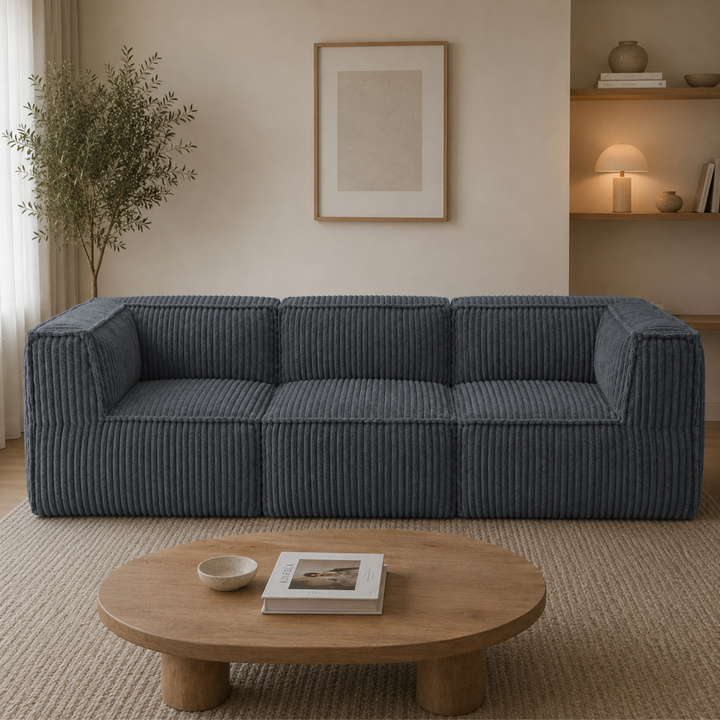 Canapé modulable 3 places déhoussable en velours côtelé gris foncé, vue en intérieur