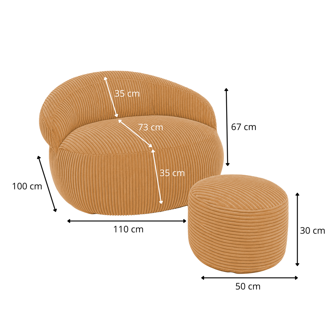 Ensemble pouf XXL velours côtelé jaune moutarde avec repose-pieds, dimensions.