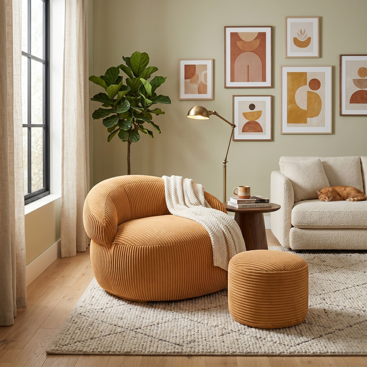 Pouf XXL velours côtelé rond avec repose-pieds assorti, dans un salon.