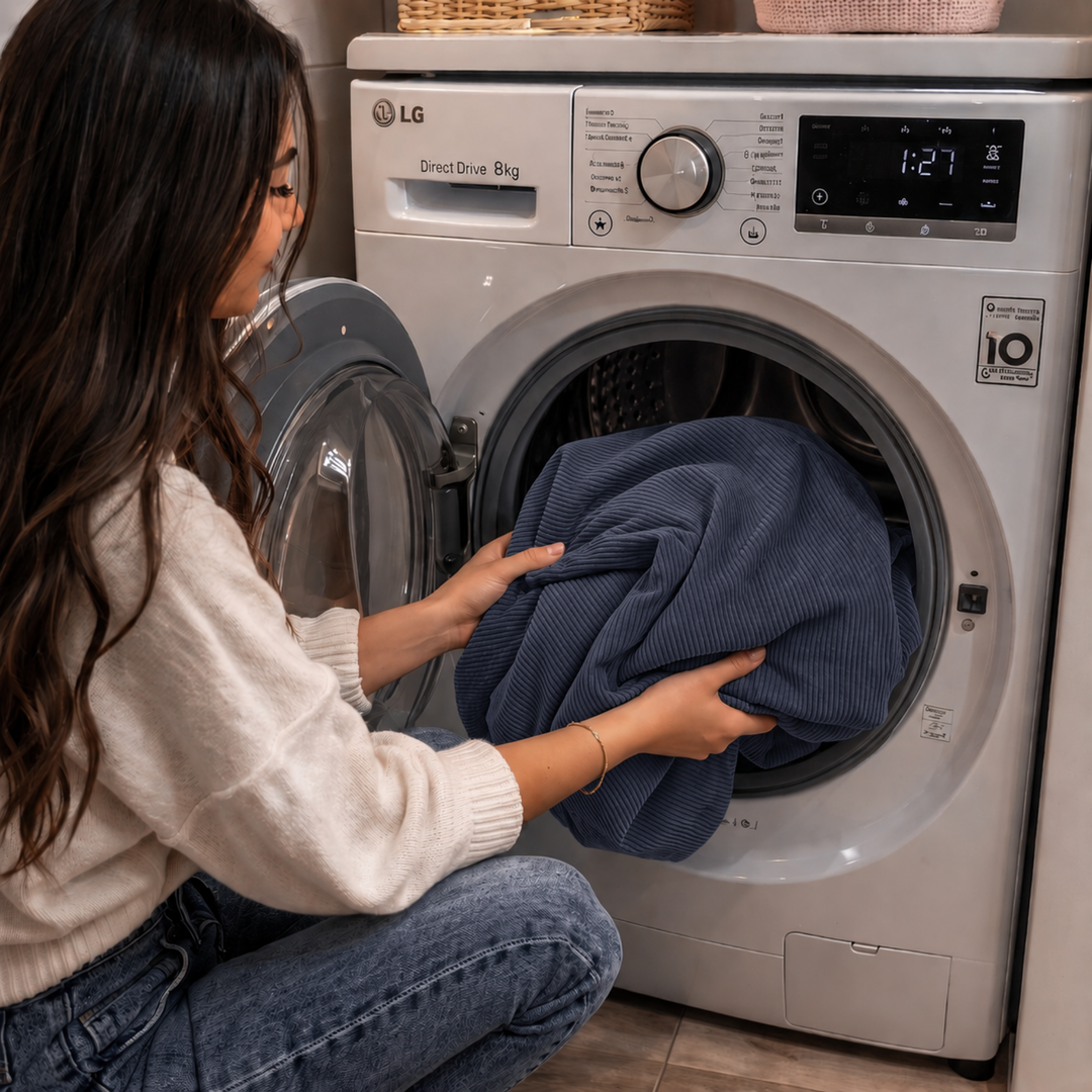 Pouf déhoussable en velours côtelé bleu foncé, housse retirée mis en machine à laver
