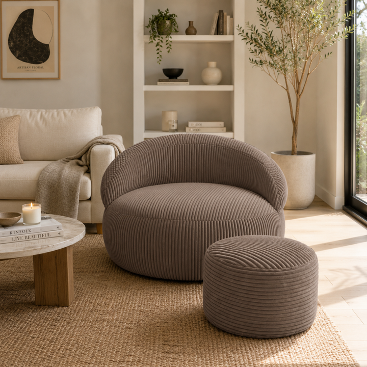 Pouf XXL velours côtelé rond avec repose-pieds assorti, dans un salon.