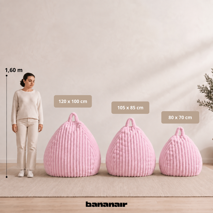 Ensemble de poufs poires fourrure côtelée déhoussables avec tailles visibles: 80x70, 105x85, 120x100 cm