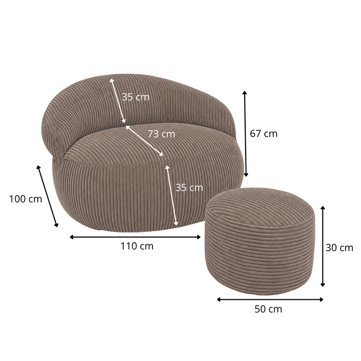 Ensemble pouf XXL et repose-pieds velours côtelé, dimensions indiquées 110x100 cm