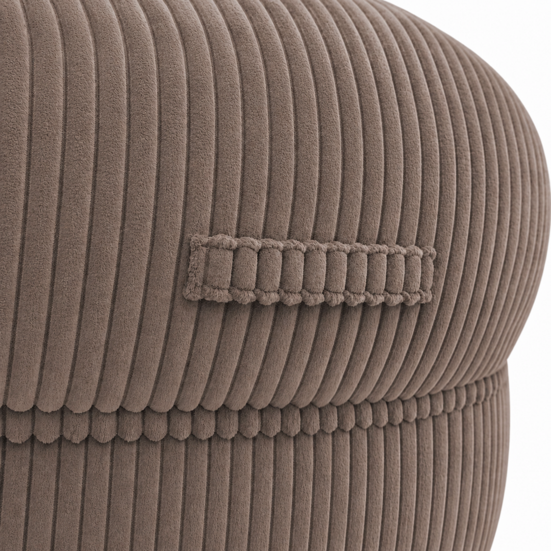 Gros plan sur la poignée du pouf XXL, tissu en velours côtelé.