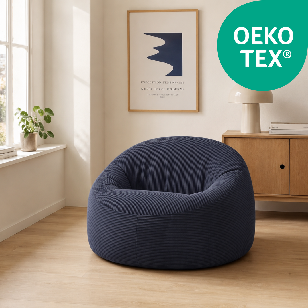 Pouf déhoussable en velours côtelé épais bleu foncé, vue latérale, tissu OEKO-TEX.