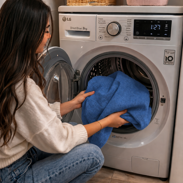 Housse de coussin de bain de soleil bleu mise dans une machine à laver