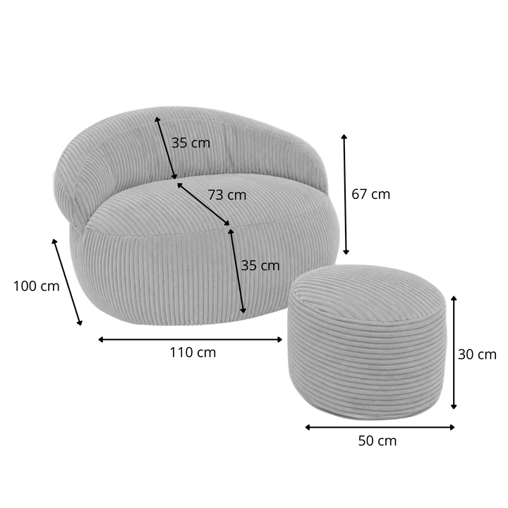 Ensemble pouf XXL et repose-pieds velours côtelé, dimensions indiquées 110x100 cm