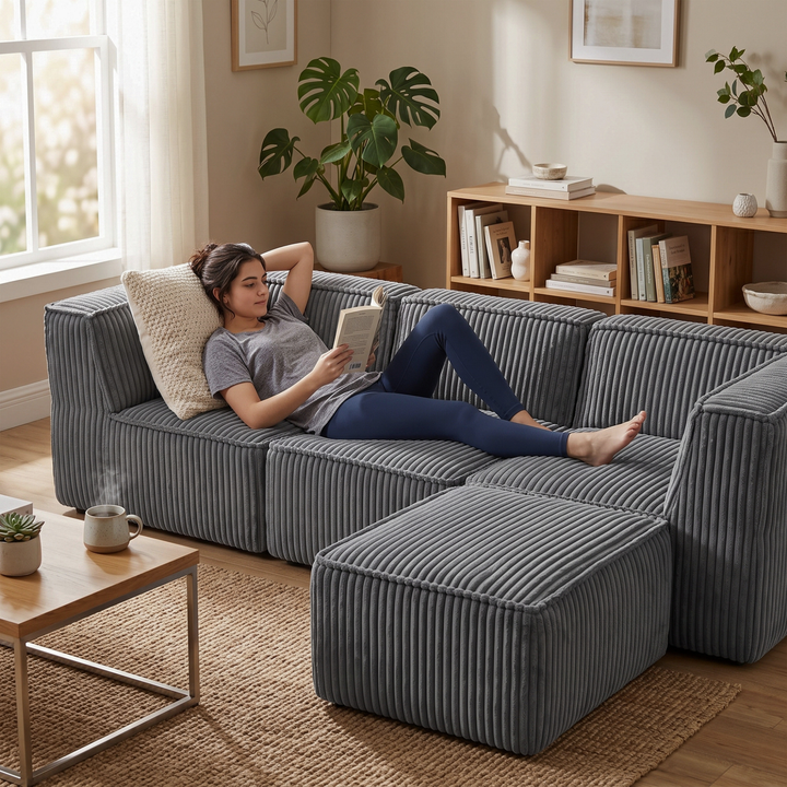 Personne allongée sur le canapé modulable 3 place déhoussable en velours côtelé gris foncé avec méridienne