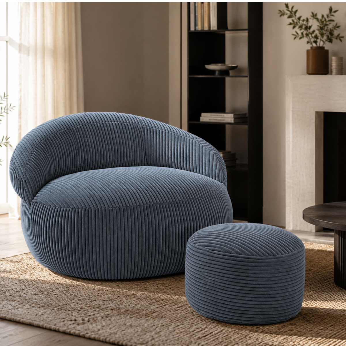 Pouf XXL velours côtelé rond avec repose-pieds assorti, dans un salon.