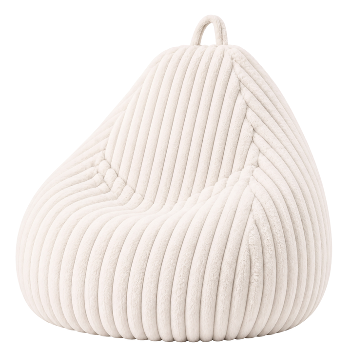 Pouf poire blanc en fourrure côtelée, forme poire avec poignée