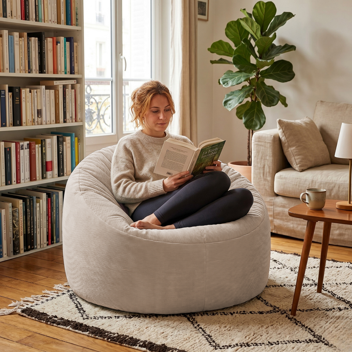 Personne assise dans un pouf rond en velours côtelé, dans un salon