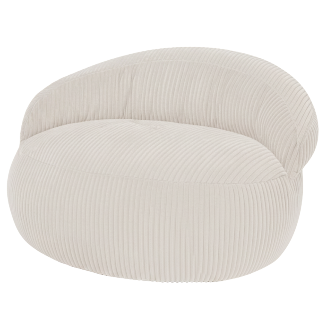 Pouf XXL déhoussable en velours côtelé beige, forme ovale, vue de trois-quarts