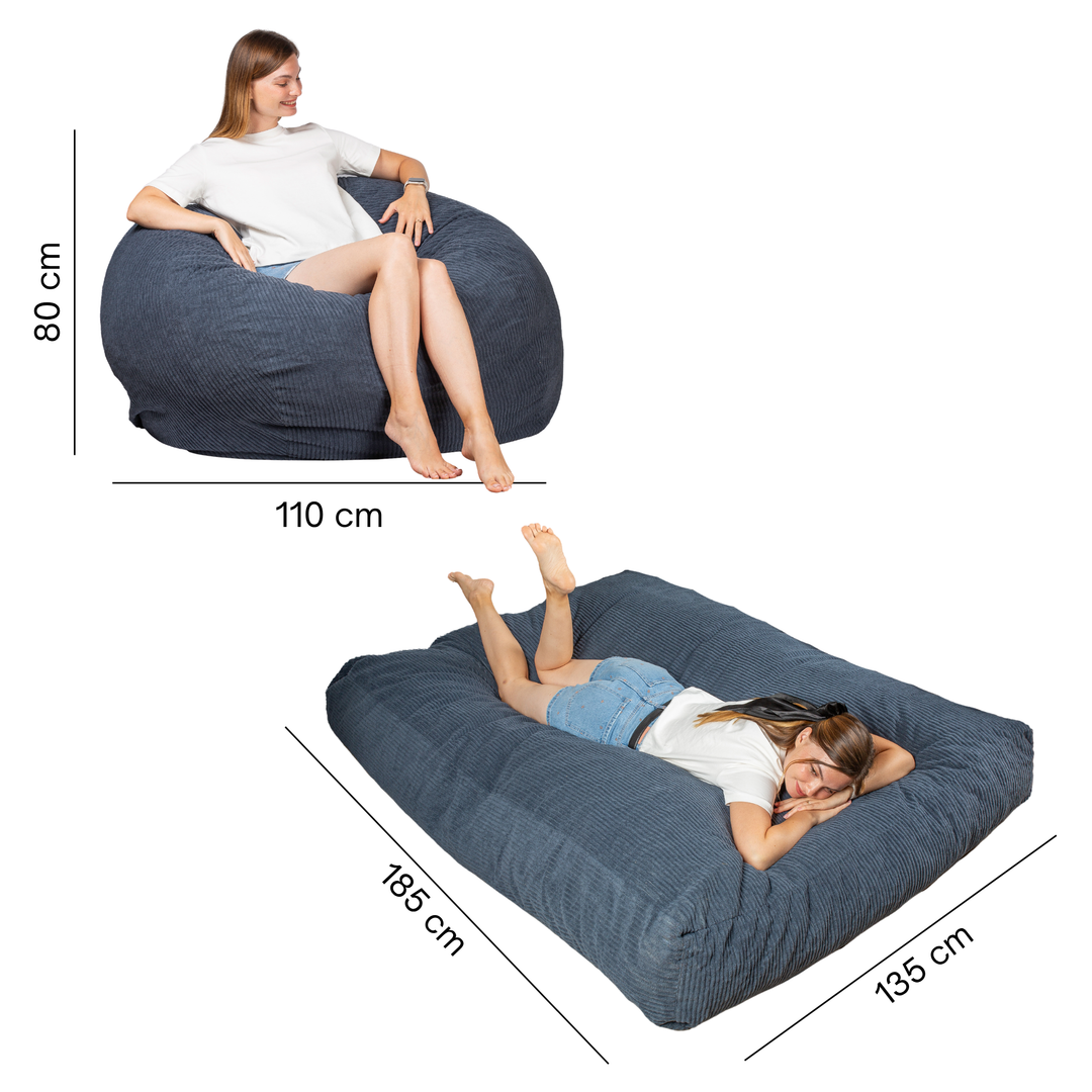 Pouf-lit convertible 2-en-1 bleu foncé, dimensions en mode pouf et lit