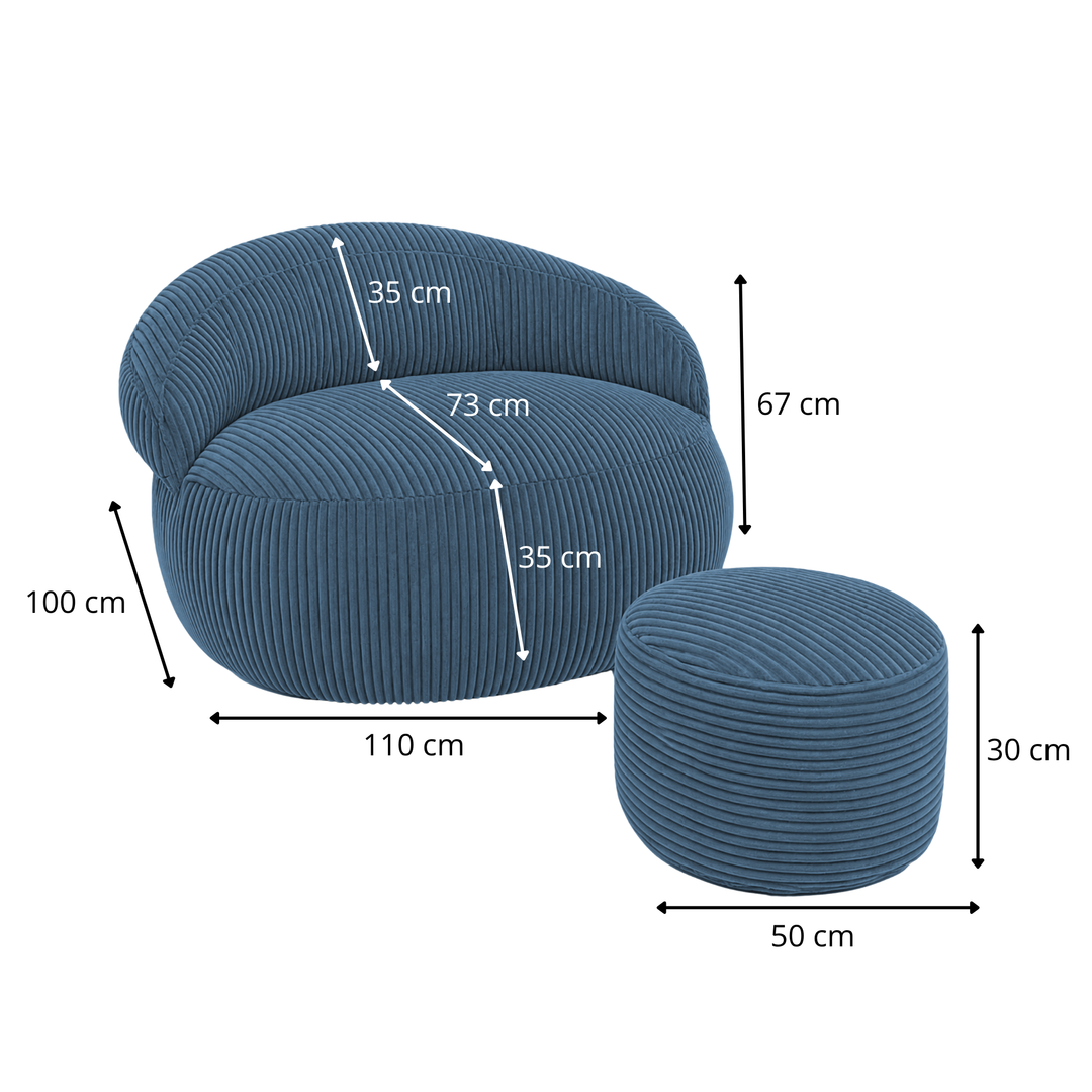 Ensemble pouf XXL et repose-pieds velours côtelé, dimensions indiquées 110x100 cm