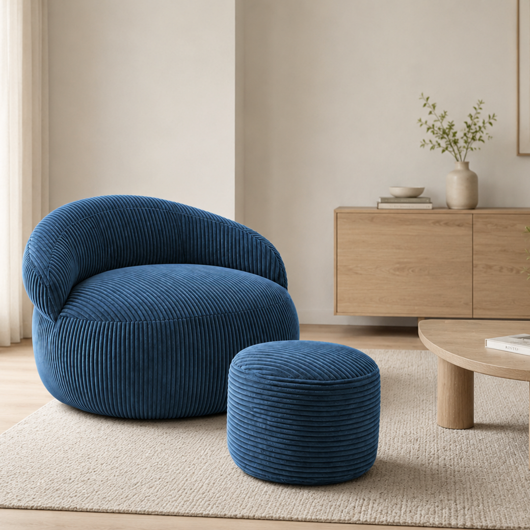 Pouf XXL velours côtelé rond avec repose-pieds assorti, dans un salon.