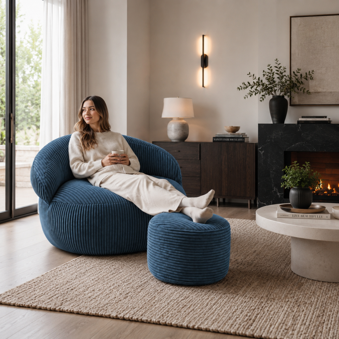 Personne assise confortablement sur un pouf XXL en velours côtelé avec repose-pieds, dans un salon