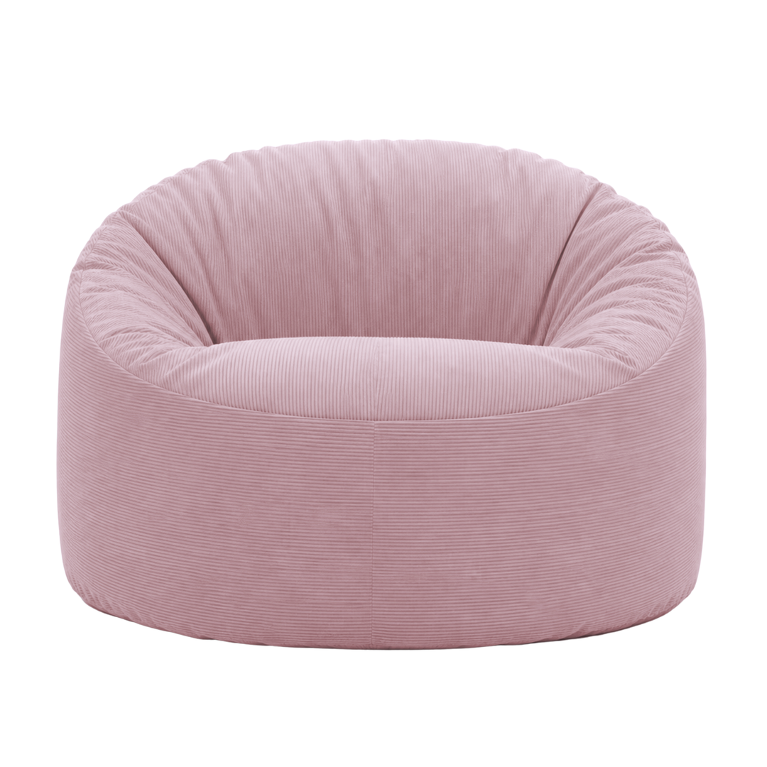 Pouf rond en velours côtelé, assise rembourrée avec dossier arrondi, vue de face