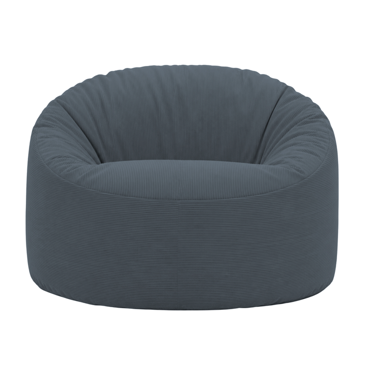 Pouf rond en velours côtelé, assise rembourrée avec dossier arrondi, vue de face