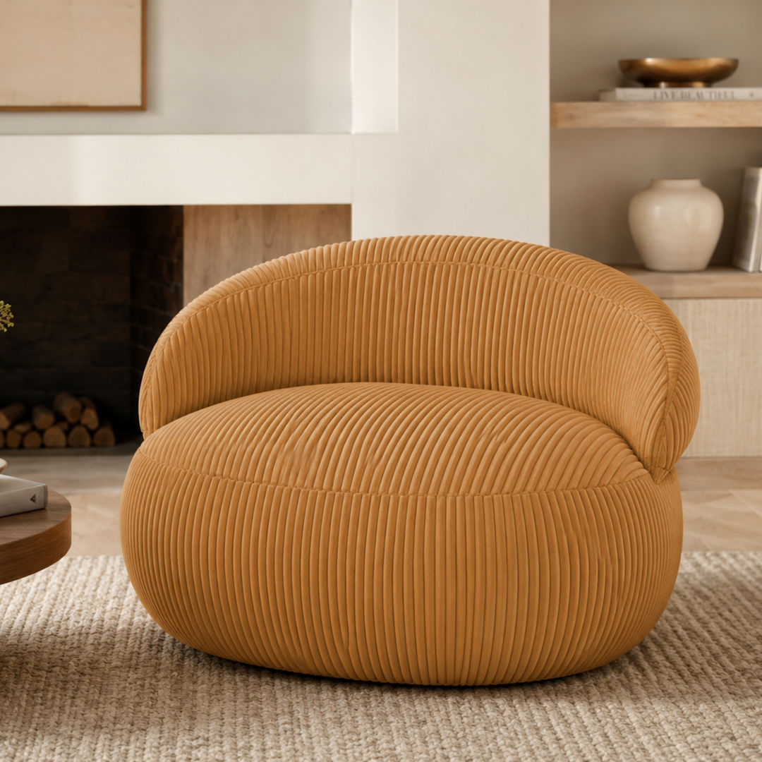Pouf XXL déhoussable en velours côtelé jaune, assise et dossier arrondis, dans un salon.