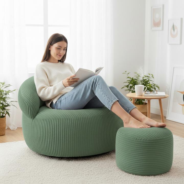 Personne assise confortablement sur un pouf XXL en velours côtelé avec repose-pieds, dans un salon