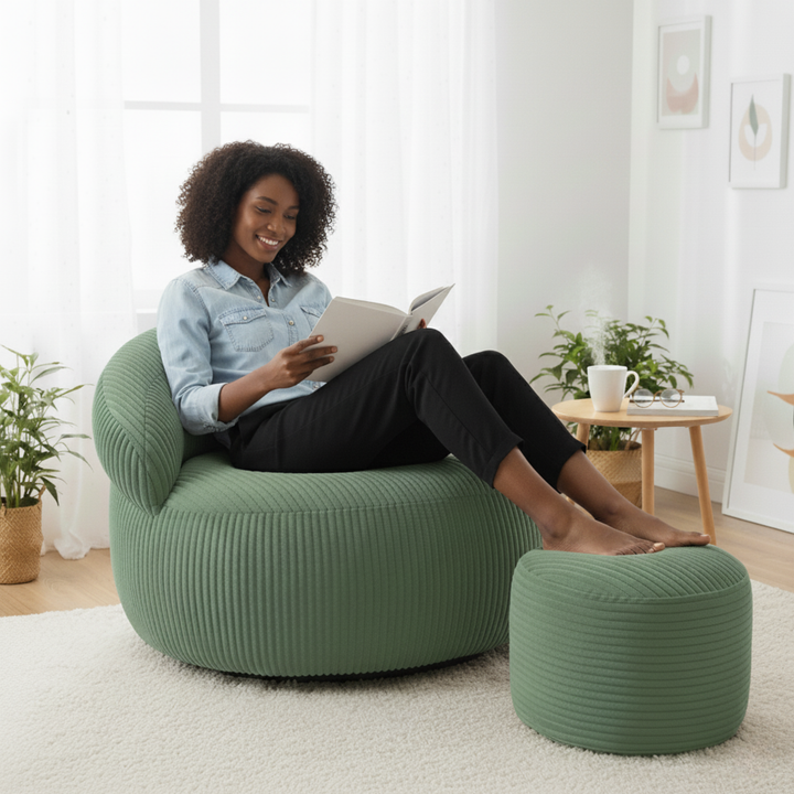 Personne assise confortablement sur un pouf XXL en velours côtelé avec repose-pieds, dans un salon