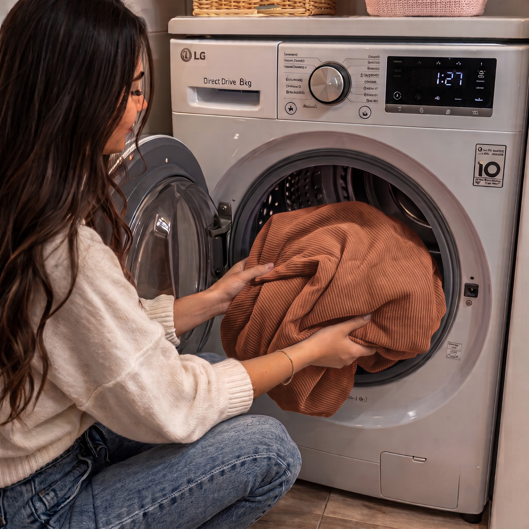 Housse de pouf en velours côtelé terracotta dans un lave-linge, prête à être lavée.