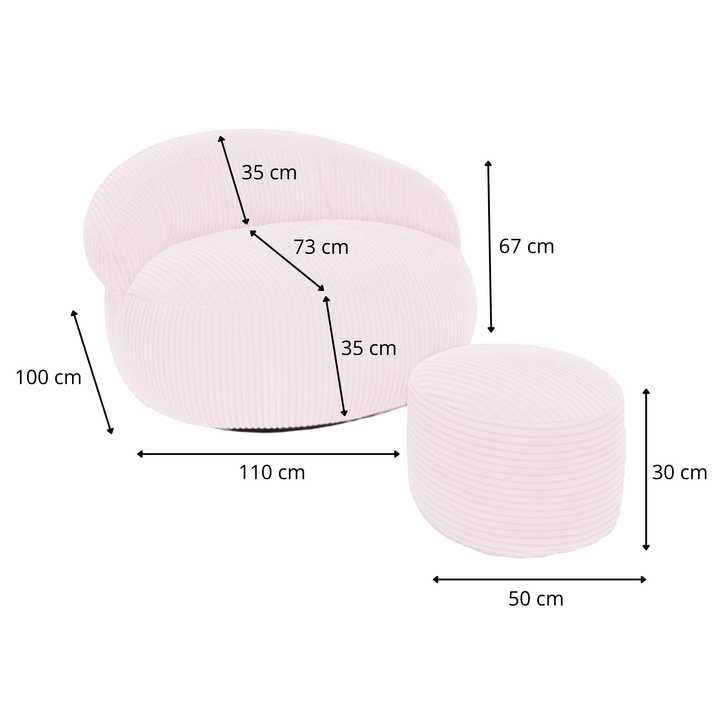 Ensemble pouf XXL et repose-pieds velours côtelé, dimensions indiquées 110x100 cm