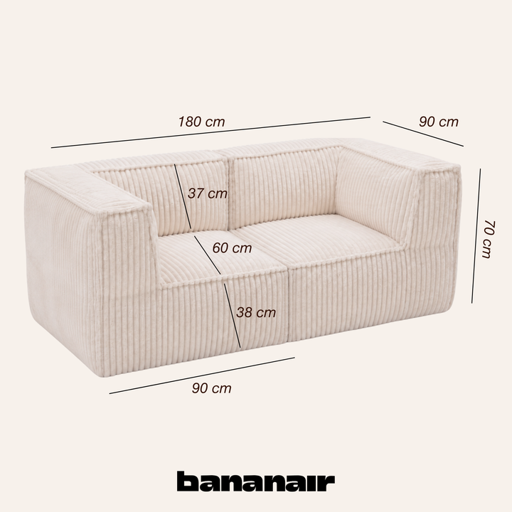 Canapé modulable 2 places en velours côtelé blanc cassé, 90×180 cm, vue avec mesures