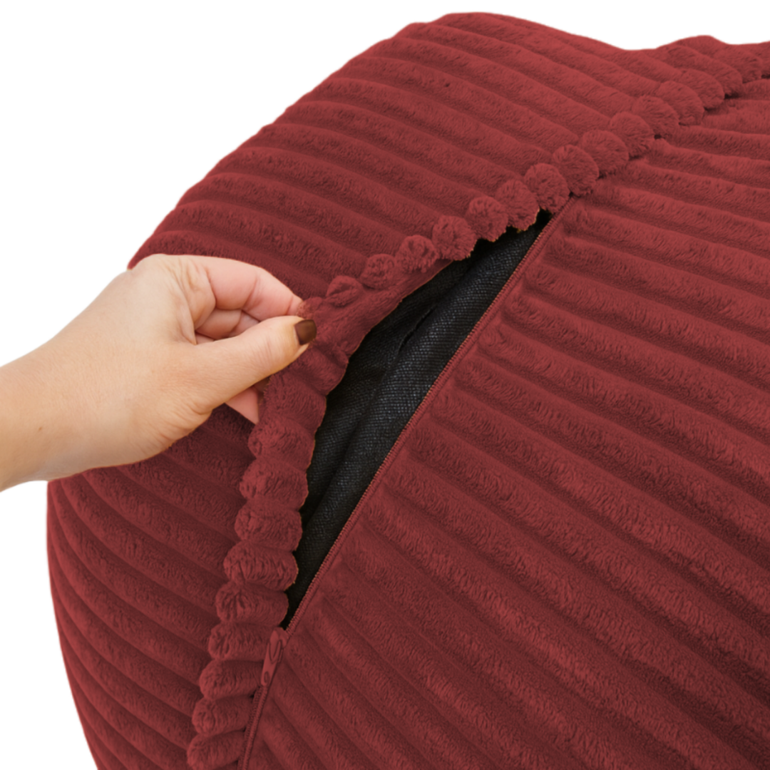Gros plan sur la housse du pouf XXL en velours côtelé, fermeture éclair pour le déhoussage.