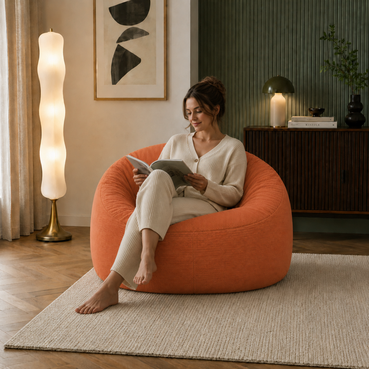 Personne assise sur un pouf déhoussable 100 cm en velours côtelé, dans un salon.