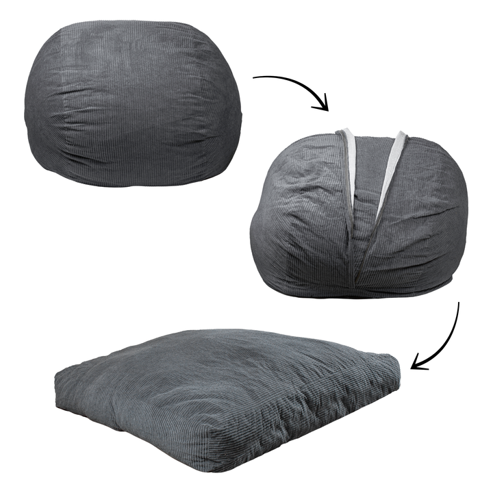 Pouf lit convertible 2-en-1 gris foncé, usages assis et lit déplié