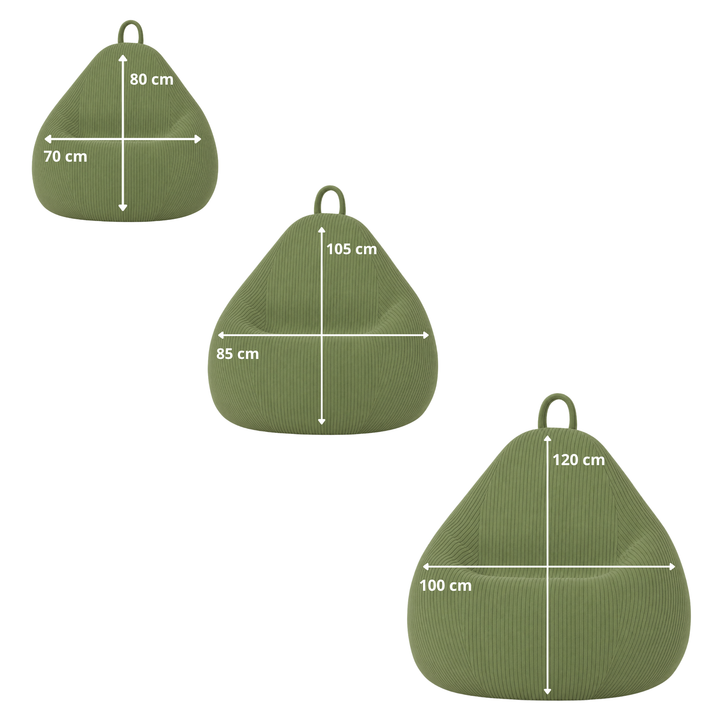Schéma des dimensions du pouf poire déhoussable en velours côtelé : (80x70, 85x105, 100x120 cm).
