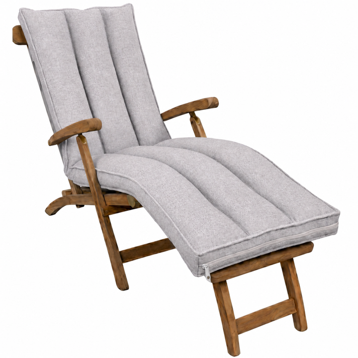 Coussin déhoussable pour bain de soleil gris clair, sur chaise longue en bois