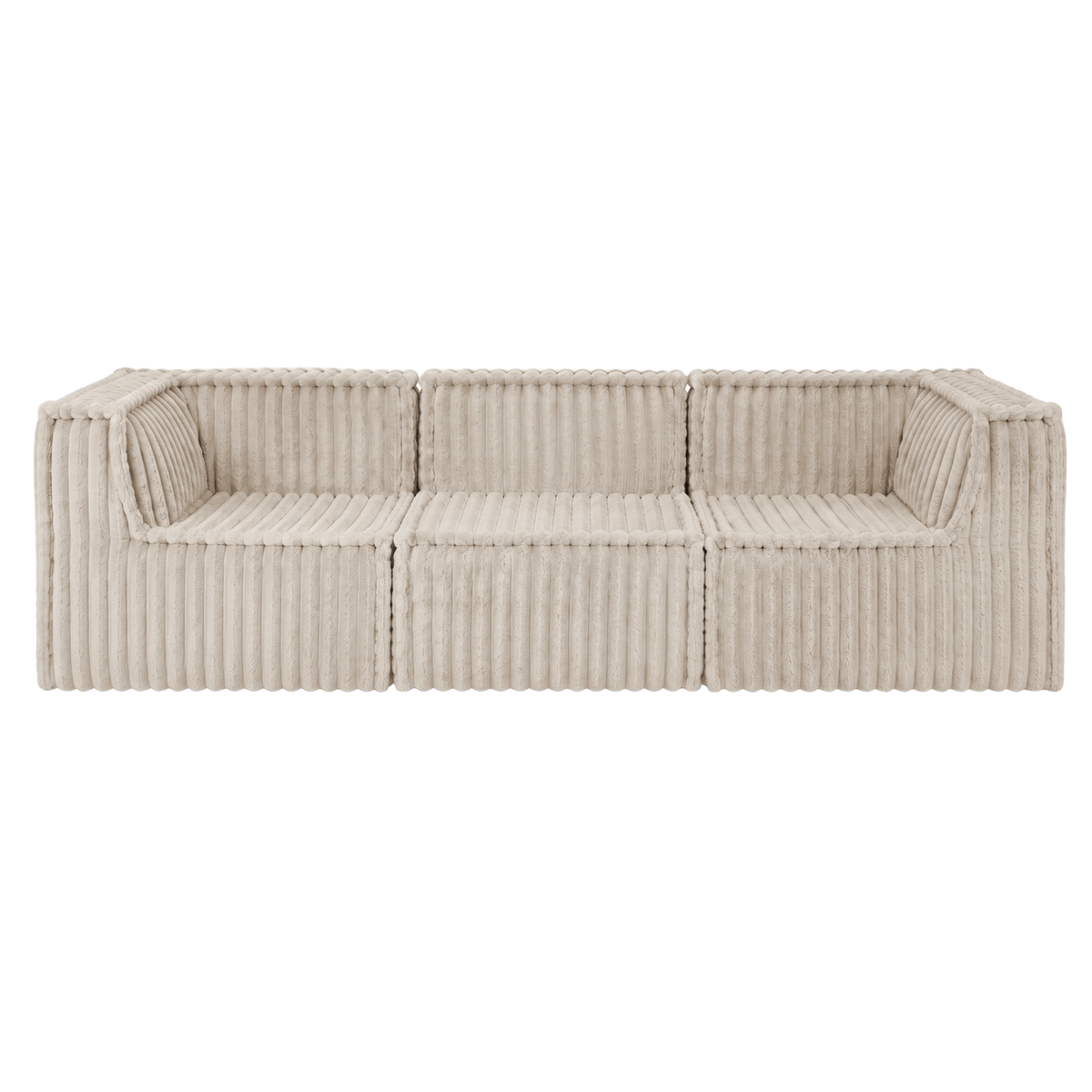 Canapé 3 places beige en fourrure côtelée, housse amovible, assises avec dossiers.