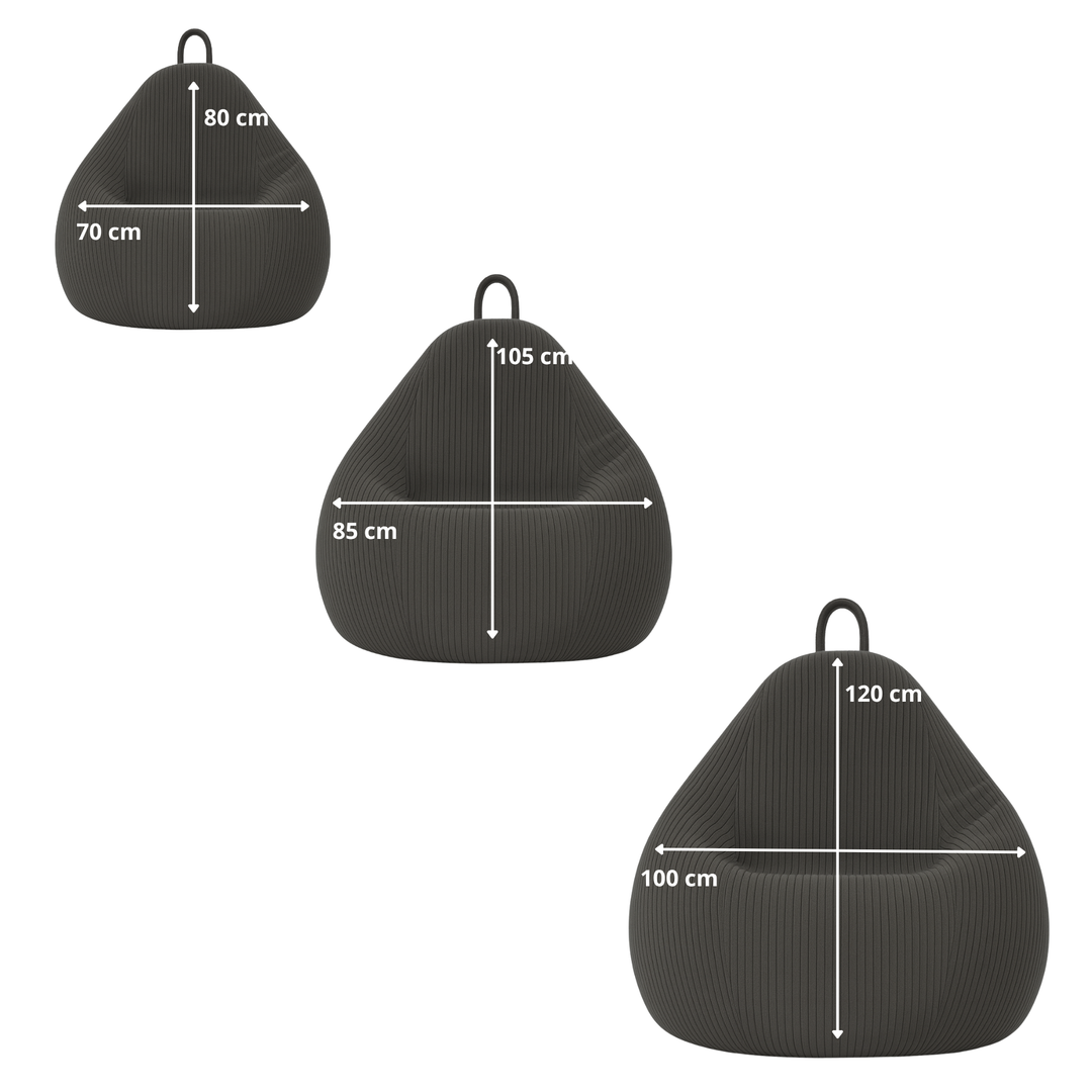 Schéma des dimensions du pouf poire déhoussable en velours côtelé : (80x70, 85x105, 100x120 cm).