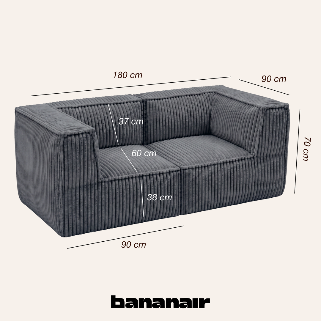 Canapé modulable 2 places en velours côtelé gris foncé, 90×180 cm, vue avec mesures